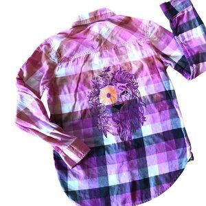 Bleached Flannel Shirt, Size Small Petite:  Upcycled Painted Fancy Lion